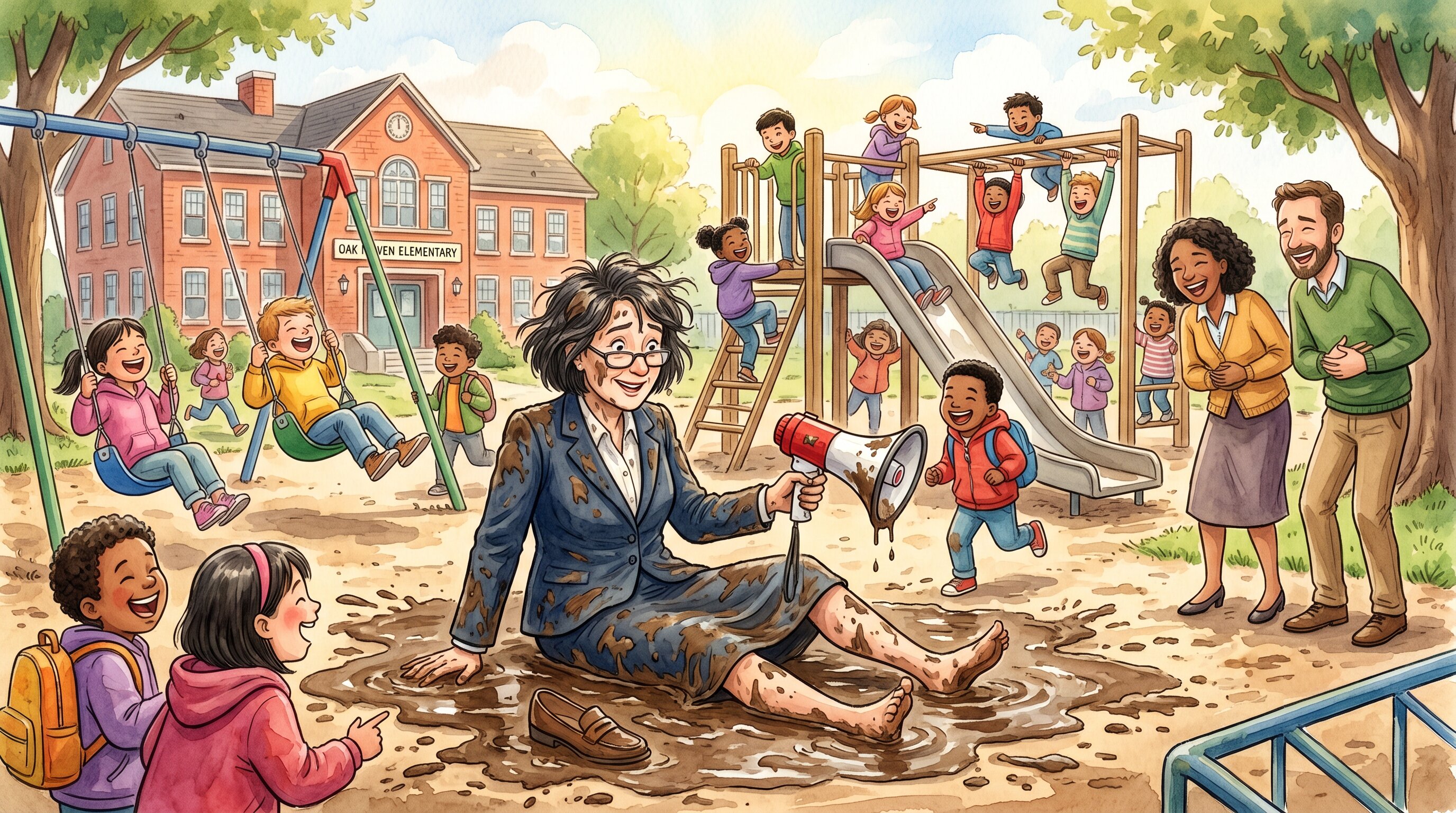 Vice Principal Rosenblum in a mud puddle on the playground