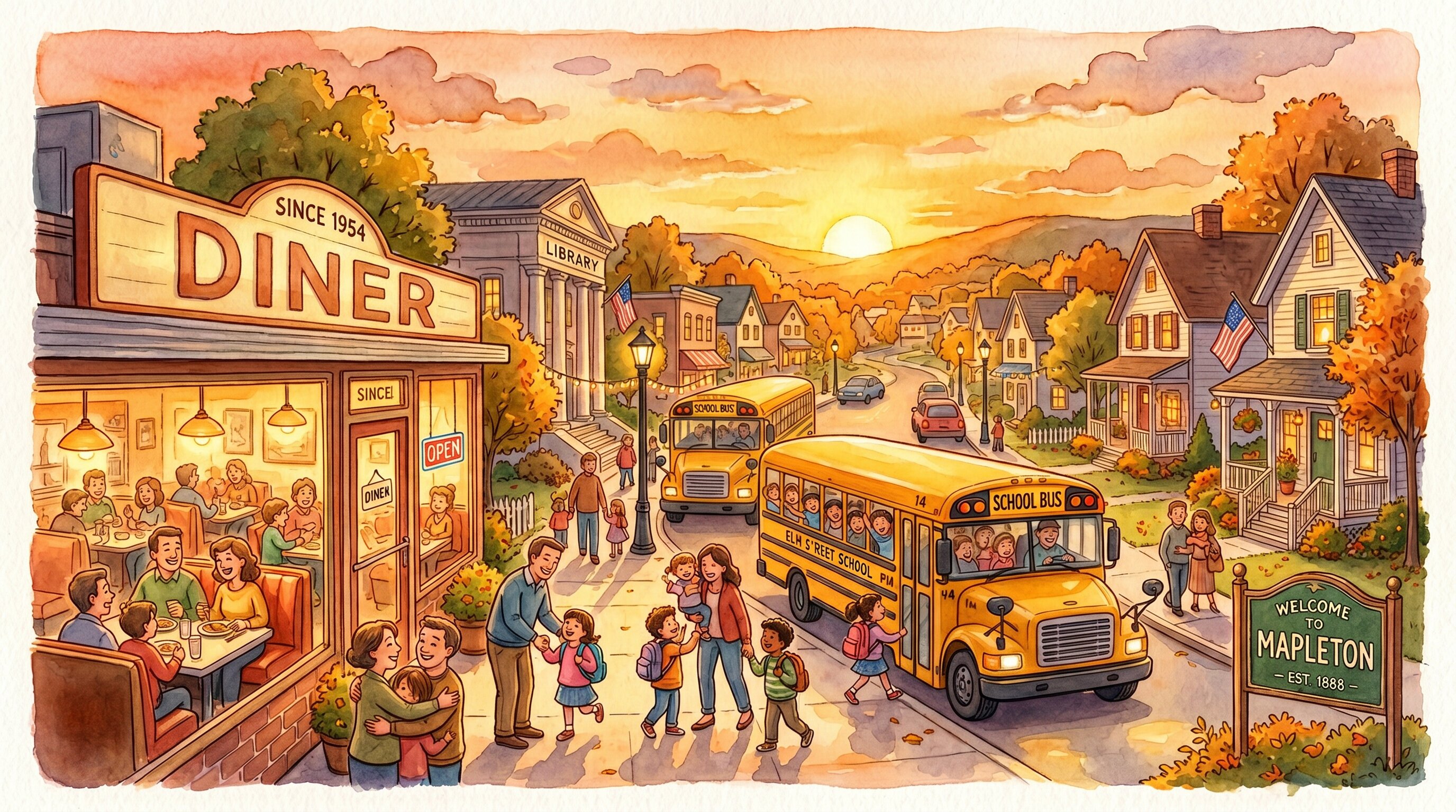 The town of Mayfield at golden hour, everyone smiling