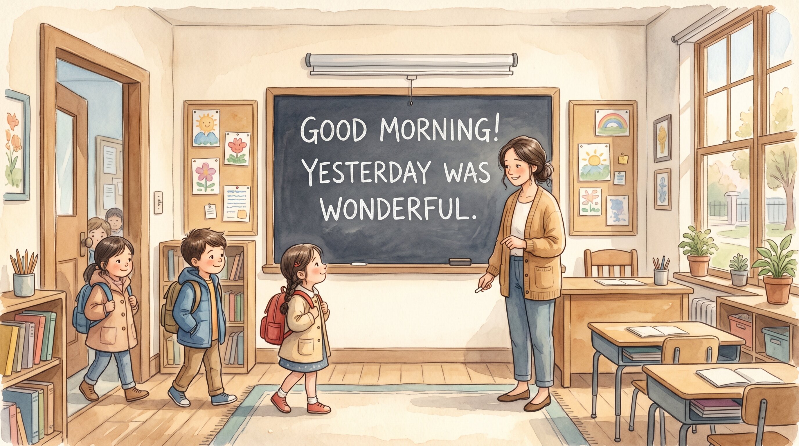 Mrs. Henderson's chalkboard reads Good Morning, Yesterday Was Wonderful
