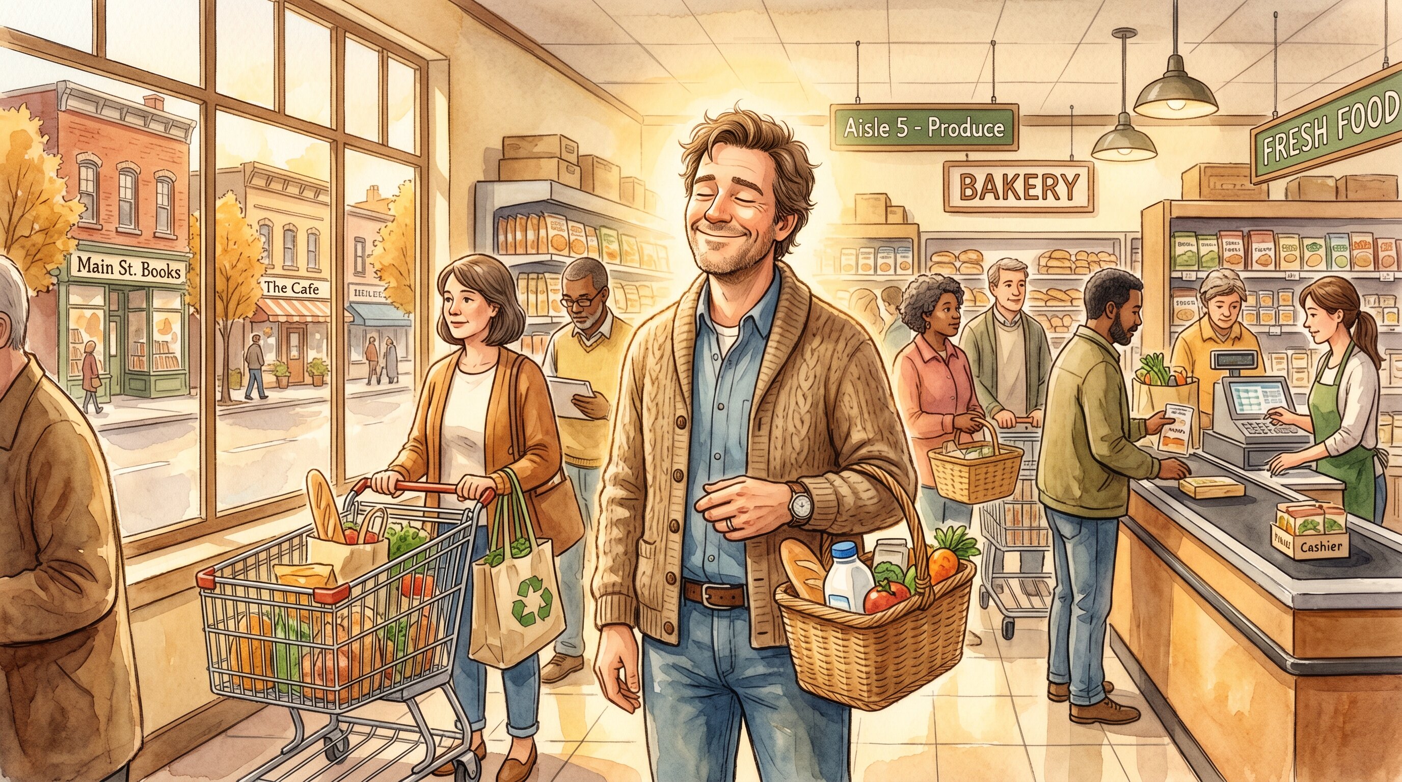 Grown-up Tommy Peters smiling in a grocery store